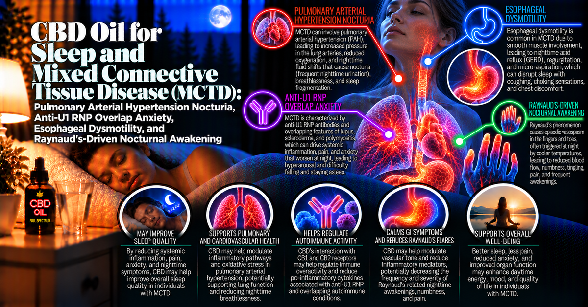 CBD Oil for Sleep and Mixed Connective Tissue Disease (MCTD): Pulmonary Arterial Hypertension Nocturia, Anti-U1 RNP Overlap Anxiety, Esophageal Dysmotility, and Raynaud's-Driven Nocturnal Awakening | PureCraft CBD