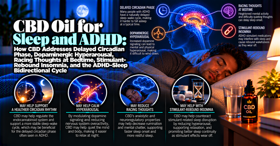 CBD Oil for Sleep and ADHD: How CBD Addresses Delayed Circadian Phase, Dopaminergic Hyperarousal, Racing Thoughts at Bedtime, Stimulant-Rebound Insomnia, and the ADHD–Sleep Bidirectional Cycle