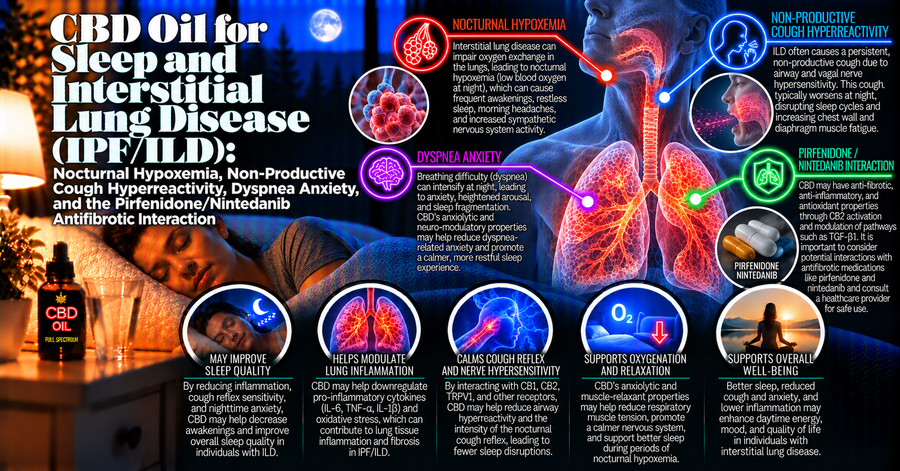 CBD Oil for Sleep and Interstitial Lung Disease (IPF/ILD): Nocturnal Hypoxemia, Non-Productive Cough Hyperreactivity, Dyspnea Anxiety, and the Pirfenidone/Nintedanib Antifibrotic Interaction | PureCraft CBD