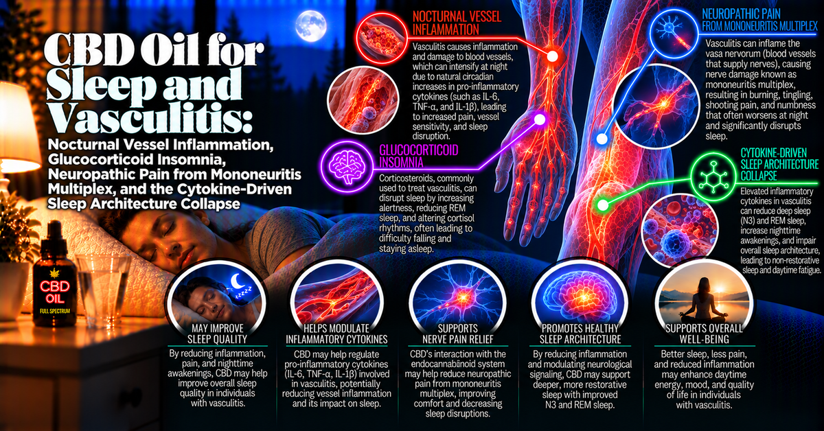 CBD Oil for Sleep and Vasculitis: Nocturnal Vessel Inflammation, Glucocorticoid Insomnia, Neuropathic Pain from Mononeuritis Multiplex, and the Cytokine-Driven Sleep Architecture Collapse | PureCraft CBD