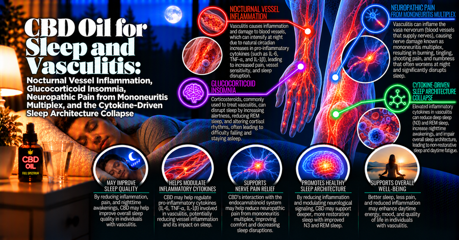 CBD Oil for Sleep and Vasculitis: Nocturnal Vessel Inflammation, Glucocorticoid Insomnia, Neuropathic Pain from Mononeuritis Multiplex, and the Cytokine-Driven Sleep Architecture Collapse | PureCraft CBD