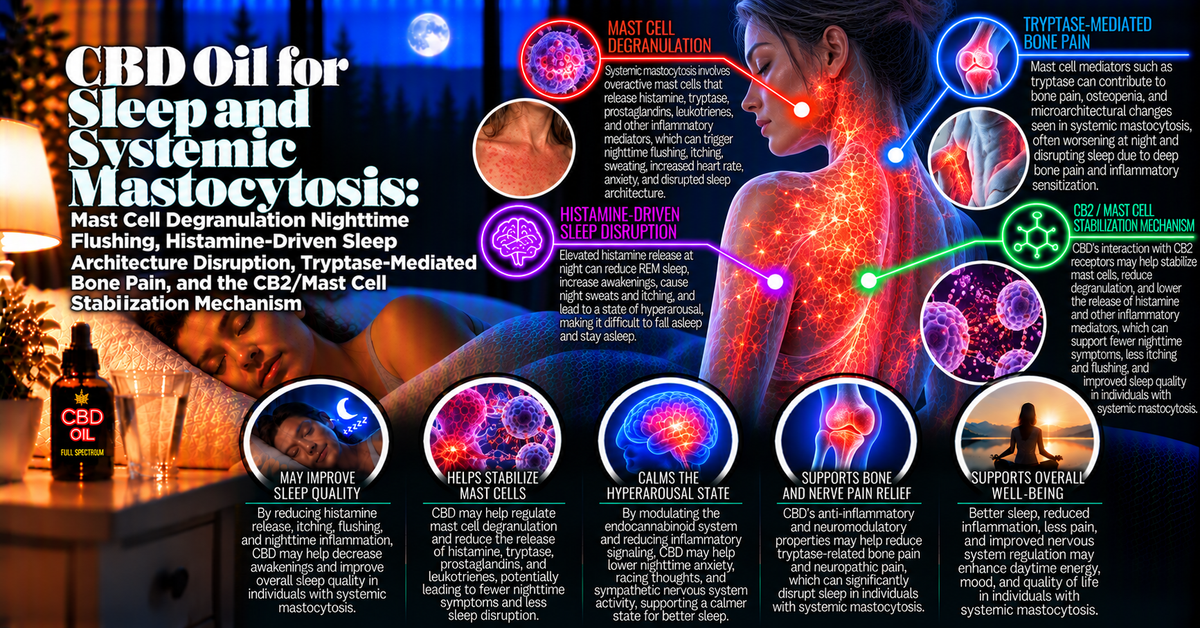 CBD Oil for Sleep and Systemic Mastocytosis: Mast Cell Degranulation Nighttime Flushing, Histamine-Driven Sleep Architecture Disruption, Tryptase-Mediated Bone Pain, and the CB2/Mast Cell Stabilization Mechanism | PureCraft CBD