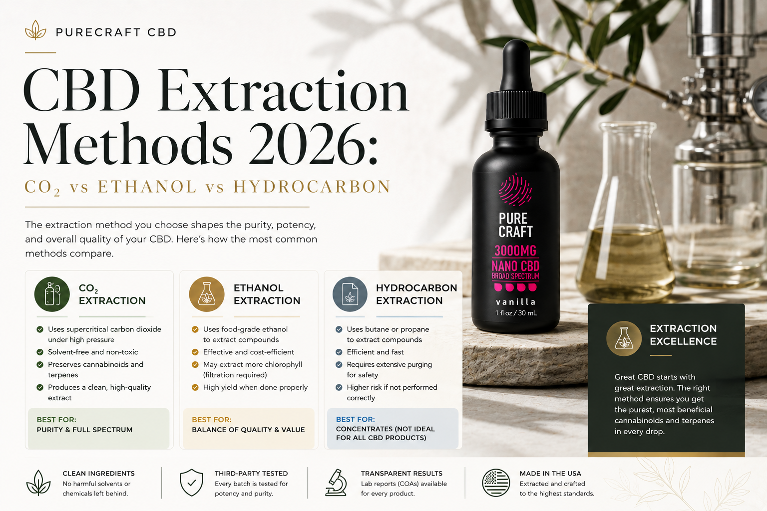CBD Extraction Methods 2026: CO2 vs Ethanol vs Hydrocarbon | PureCraft CBD