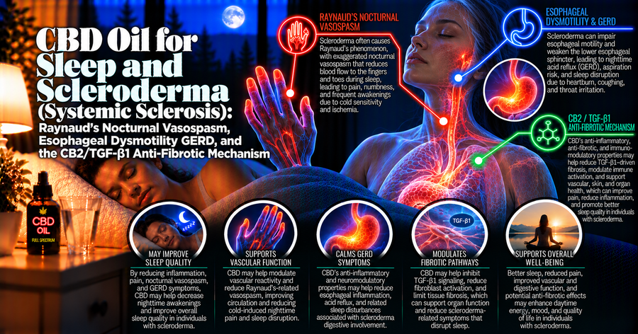 CBD Oil for Sleep and Scleroderma (Systemic Sclerosis): Raynaud's Nocturnal Vasospasm, Esophageal Dysmotility GERD, and the CB2/TGF-β1 Anti-Fibrotic Mechanism | PureCraft CBD