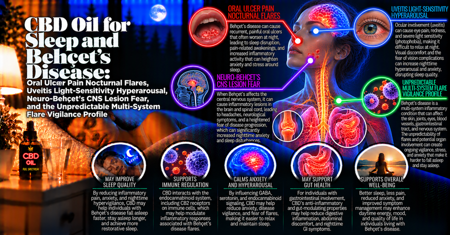 CBD Oil for Sleep and Behçet's Disease: Oral Ulcer Pain Nocturnal Flares, Uveitis Light-Sensitivity Hyperarousal, Neuro-Behçet's CNS Lesion Fear, and the Unpredictable Multi-System Flare Vigilance Profile