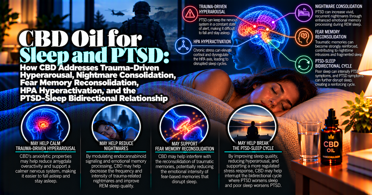 CBD Oil for Sleep and PTSD: How CBD Addresses Trauma-Driven Hyperarousal, Nightmare Consolidation, Fear Memory Reconsolidation, HPA Hyperactivation, and the PTSD-Sleep Bidirectional Relationship