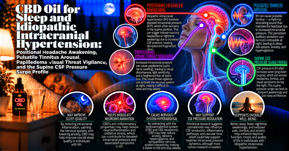 CBD Oil for Sleep and Idiopathic Intracranial Hypertension: Positional Headache Awakening, Pulsatile Tinnitus Arousal, Papilledema Visual Threat Vigilance, and the Supine CSF Pressure Surge Profile