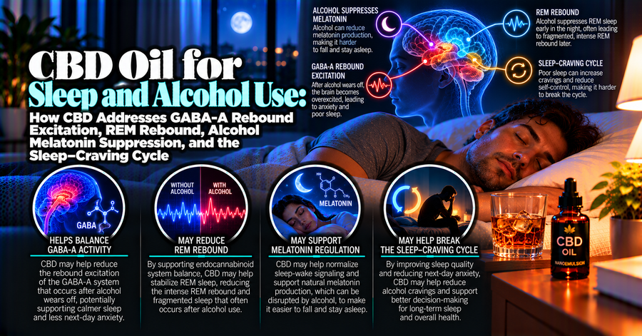 CBD Oil for Sleep and Alcohol Use: How CBD Addresses GABA-A Rebound Excitation, REM Rebound, Alcohol Melatonin Suppression, and the Sleep–Craving Cycle