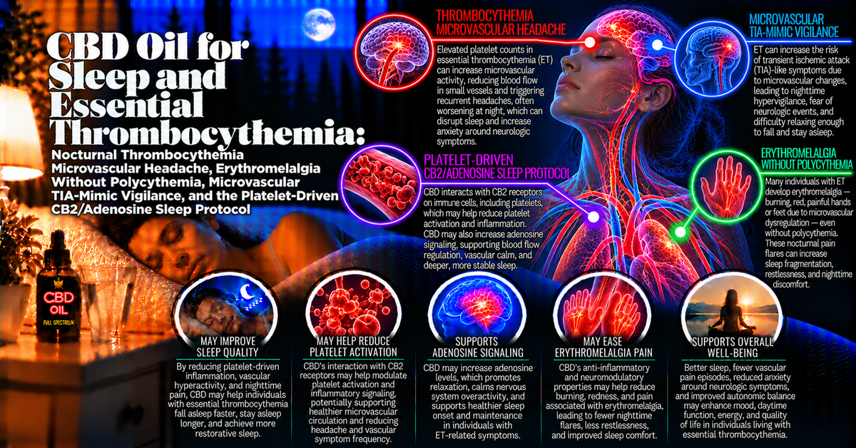 CBD Oil for Sleep and Essential Thrombocythemia: Nocturnal Thrombocythemia Microvascular Headache, Erythromelalgia Without Polycythemia, Microvascular TIA-Mimic Vigilance, and the Platelet-Driven CB2/Adenosine Sleep Protocol