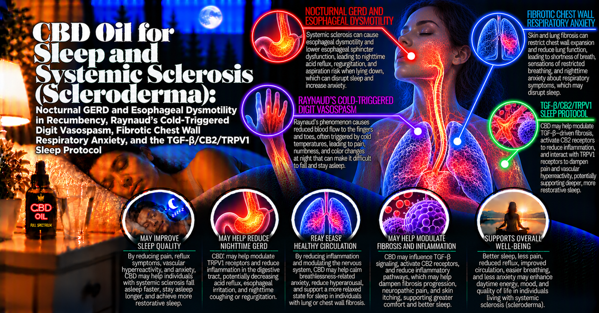 CBD Oil for Sleep and Systemic Sclerosis (Scleroderma): Nocturnal GERD and Esophageal Dysmotility in Recumbency, Raynaud's Cold-Triggered Digit Vasospasm, Fibrotic Chest Wall Respiratory Anxiety, and the TGF-β/CB2/TRPV1 Sleep Protocol